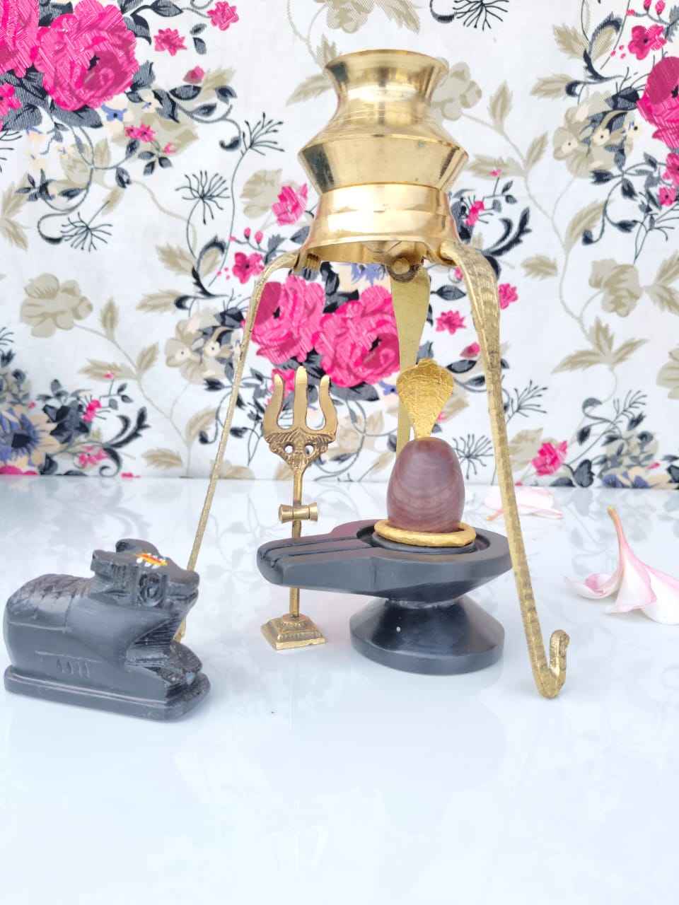 Original Narmadeshwar Shivling Complete Set with Brass Damru Jaldhari, Naag, Nandi & Abhishek Lota Stand | Natural Narmada Stone Shiva Lingam for Home Mandir Pooja - Narmada Narmadeshwar shivling