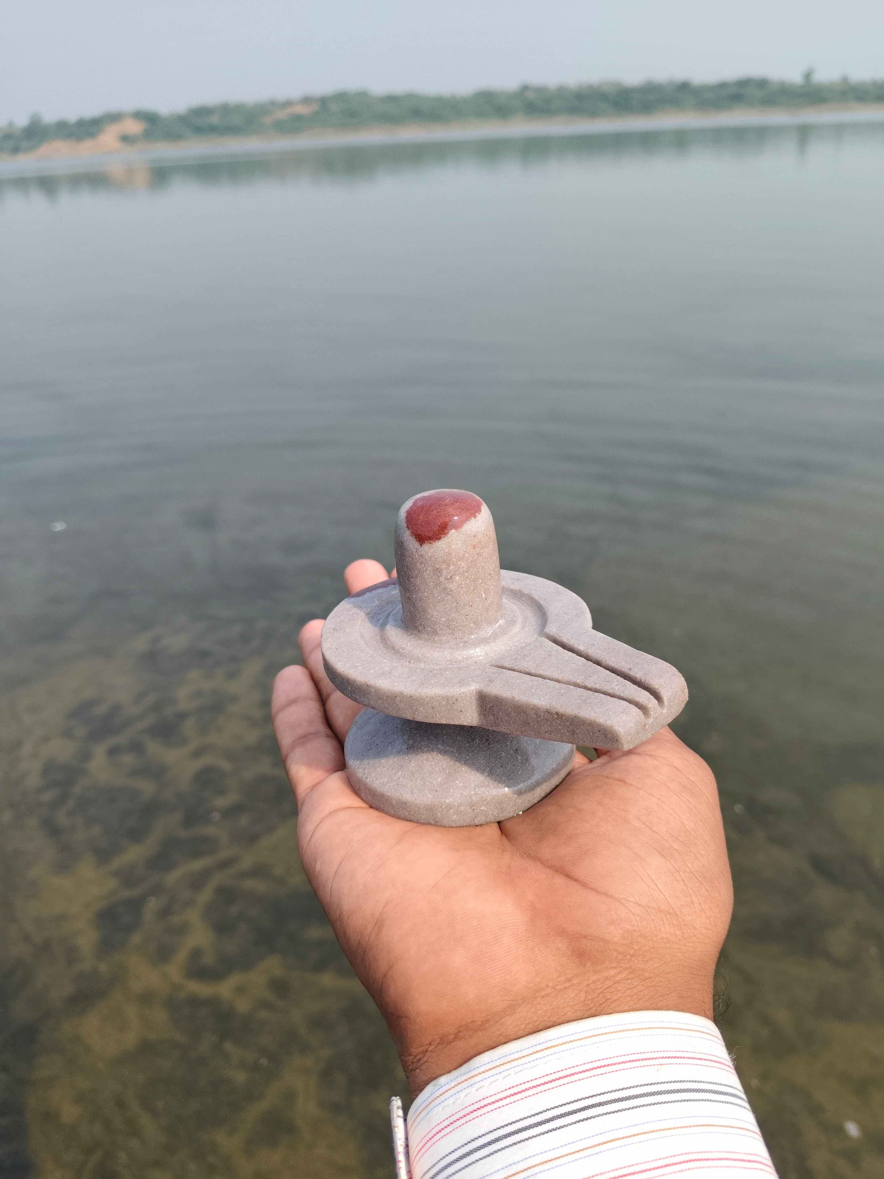 Original Narmadeshwar Shivling with Brass Damru Stand | Natural Narmada River Stone Shiva Lingam with Creative Jaldhari Holder for Home Mandir Pooja - Narmada Narmadeshwar shivling