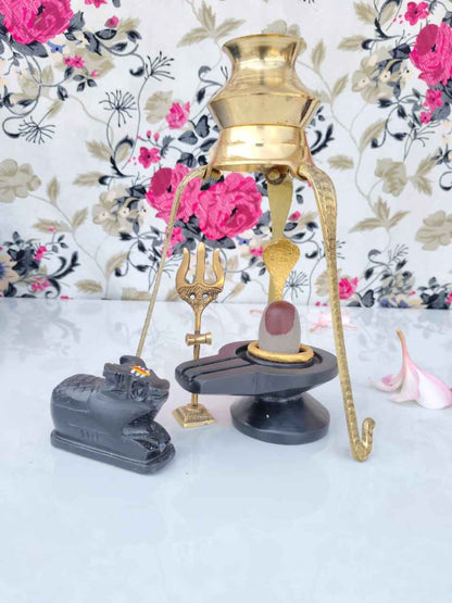 Original Narmadeshwar Shivling Complete Set with Brass Damru Jaldhari, Naag, Nandi & Abhishek Lota Stand | Natural Narmada Stone Shiva Lingam for Home Mandir Pooja - Narmada Narmadeshwar shivling