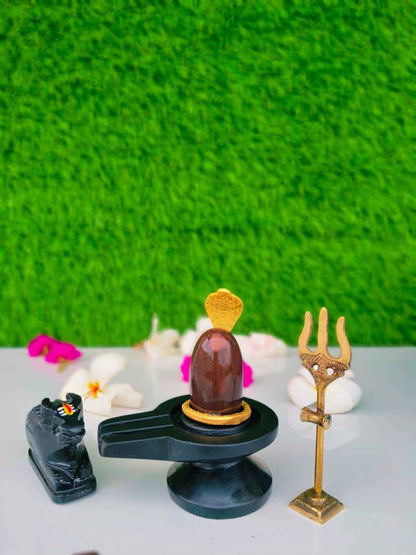 Original Narmadeshwar Shivling Full Set with Brass Damru Jaldhari, Naag, Nandi & Trishul | Natural Narmada River Stone Shiva Lingam for Home Mandir Pooja & Vastu - Narmada Narmadeshwar shivling