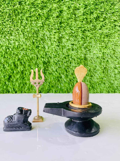 Authentic Ardhnarishwar Narmadeshwar Shivling with Brass Damru Base, Trishul, Naag & Nandi Set | Natural Narmada Stone Shiva Lingam for Home Pooja - Narmada Narmadeshwar shivling
