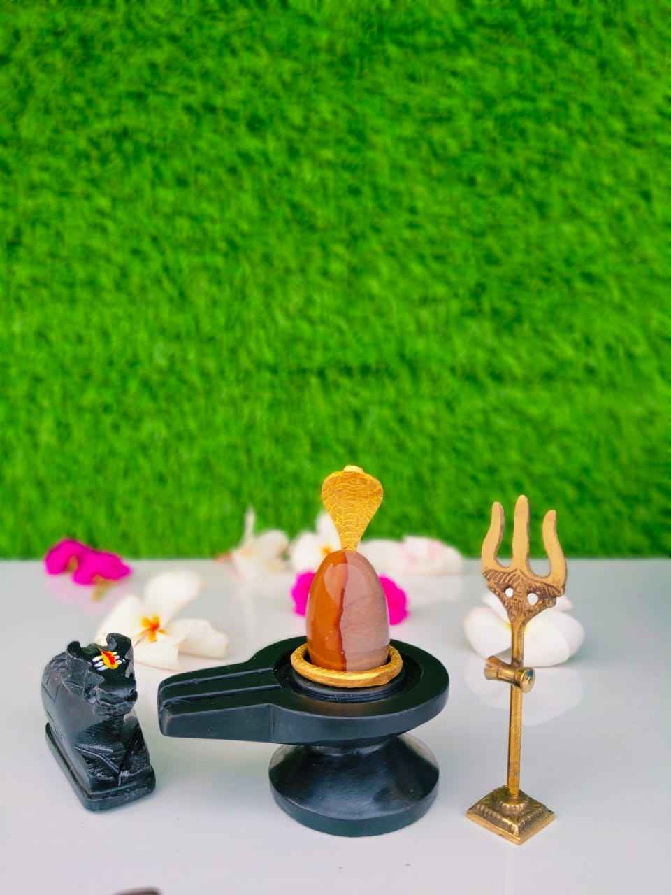 Original Narmadeshwar Shivling Full Set with Brass Damru Jaldhari, Naag, Nandi & Trishul | Natural Narmada River Stone Shiva Lingam for Home Mandir Pooja & Vastu - Narmada Narmadeshwar shivling