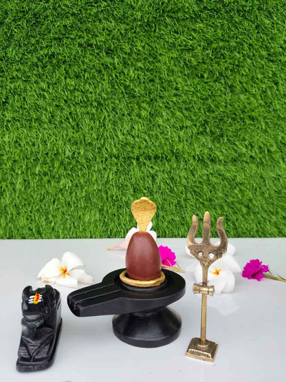 Original Narmadeshwar Shivling Full Set with Brass Damru Jaldhari, Naag, Nandi & Trishul | Natural Narmada River Stone Shiva Lingam for Home Mandir Pooja & Vastu - Narmada Narmadeshwar shivling