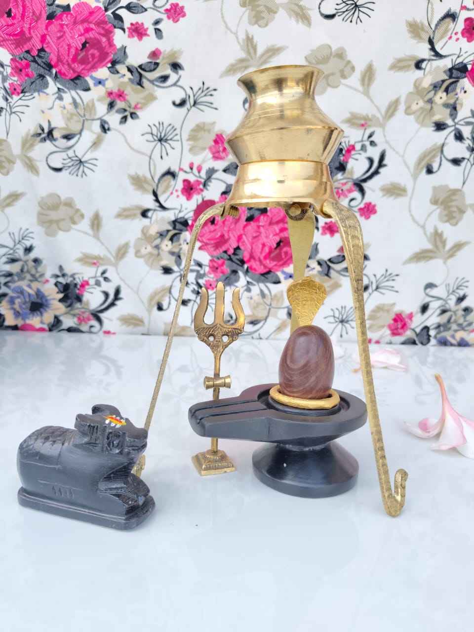 Original Narmadeshwar Shivling Complete Set with Brass Damru Jaldhari, Naag, Nandi & Abhishek Lota Stand | Natural Narmada Stone Shiva Lingam for Home Mandir Pooja - Narmada Narmadeshwar shivling