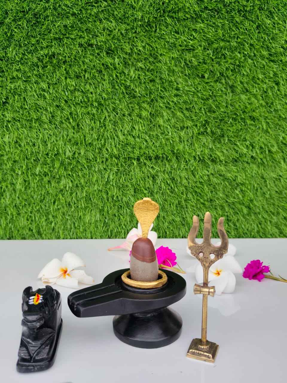 Original Narmadeshwar Shivling Full Set with Brass Damru Jaldhari, Naag, Nandi & Trishul | Natural Narmada River Stone Shiva Lingam for Home Mandir Pooja & Vastu - Narmada Narmadeshwar shivling