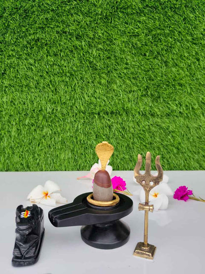 Original Narmadeshwar Shivling Full Set with Brass Damru Jaldhari, Naag, Nandi & Trishul | Natural Narmada River Stone Shiva Lingam for Home Mandir Pooja & Vastu - Narmada Narmadeshwar shivling