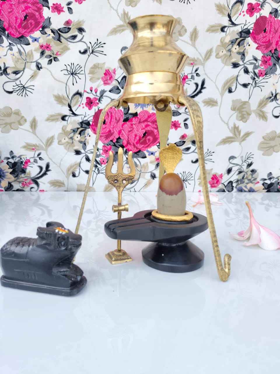 Original Narmadeshwar Shivling Complete Set with Brass Damru Jaldhari, Naag, Nandi & Abhishek Lota Stand | Natural Narmada Stone Shiva Lingam for Home Mandir Pooja - Narmada Narmadeshwar shivling