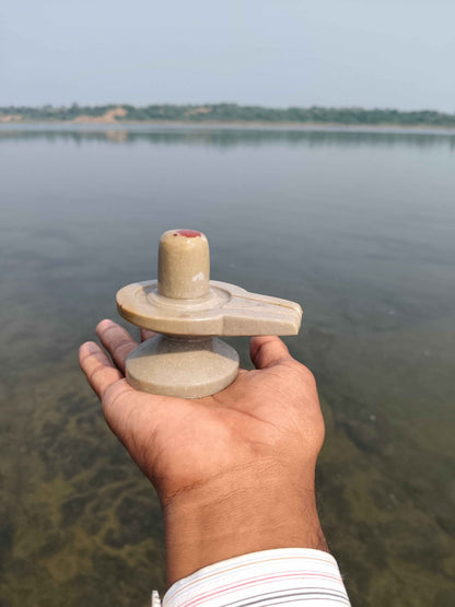Original Narmadeshwar Shivling with Brass Damru Stand | Natural Narmada River Stone Shiva Lingam with Creative Jaldhari Holder for Home Mandir Pooja - Narmada Narmadeshwar shivling