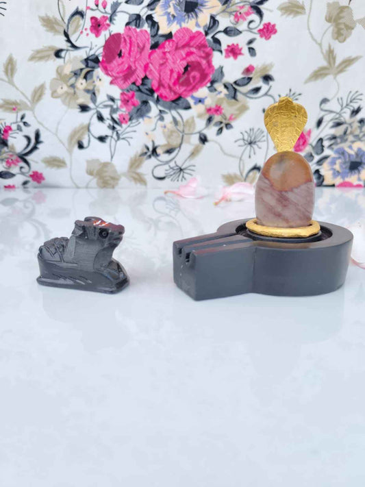 Narmadeshwar Shivling Set with Brass Jaldhari, Naag & Nandi - Narmada Narmadeshwar shivling