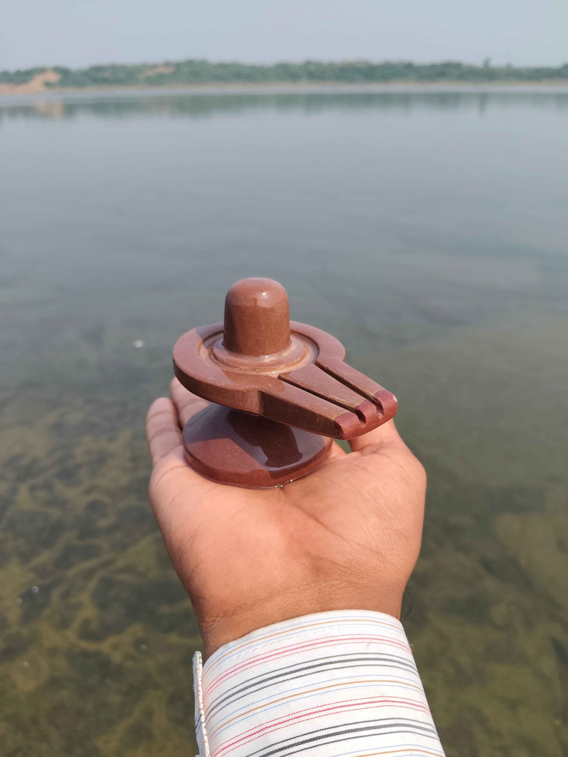 Original Narmadeshwar Shivling with Brass Damru Stand | Natural Narmada River Stone Shiva Lingam with Creative Jaldhari Holder for Home Mandir Pooja - Narmada Narmadeshwar shivling