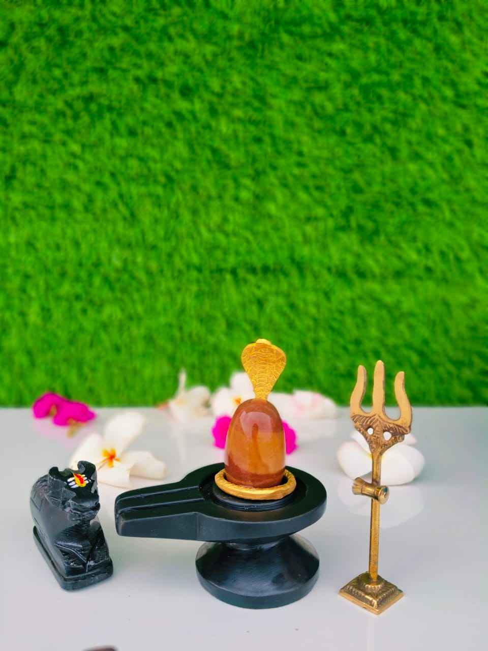 Original Narmadeshwar Shivling Full Set with Brass Damru Jaldhari, Naag, Nandi & Trishul | Natural Narmada River Stone Shiva Lingam for Home Mandir Pooja & Vastu - Narmada Narmadeshwar shivling