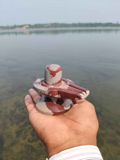 Original Narmadeshwar Shivling with Brass Damru Stand | Natural Narmada River Stone Shiva Lingam with Creative Jaldhari Holder for Home Mandir Pooja - Narmada Narmadeshwar shivling
